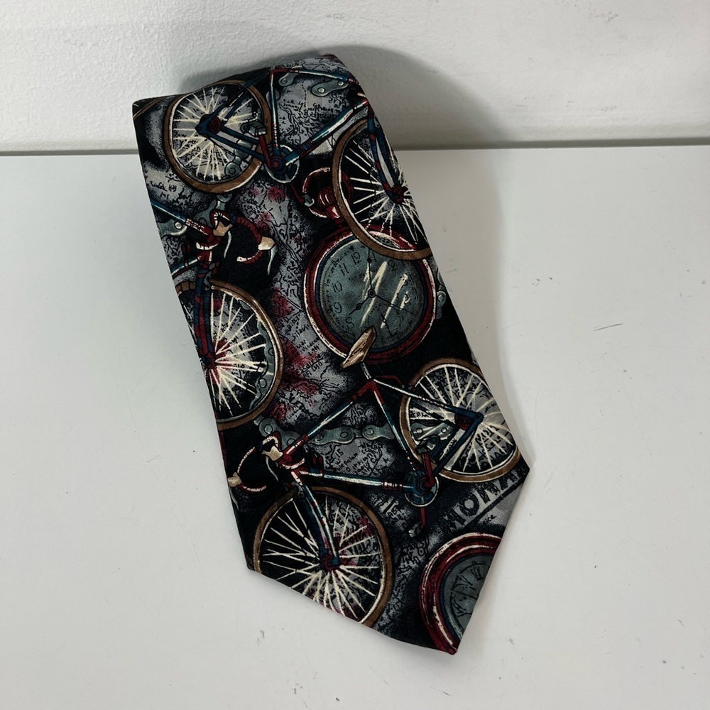 Vintage Bill Blass Bicycle Clock Necktie Mens Neck Tie Silk Bike Cycle Time